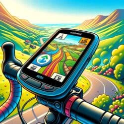 DALL·E 2023 11 22 21.12.27 A cartoon style illustration for a website article about the Garmin Edge Explore 1000 GPS. The image should depict the device mounted on a bicycle han