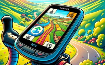 DALL·E 2023 11 22 21.12.27 A cartoon style illustration for a website article about the Garmin Edge Explore 1000 GPS. The image should depict the device mounted on a bicycle han