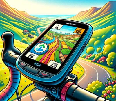 DALL·E 2023 11 22 21.12.27 A cartoon style illustration for a website article about the Garmin Edge Explore 1000 GPS. The image should depict the device mounted on a bicycle han