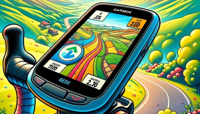 DALL·E 2023 11 22 21.12.27 A cartoon style illustration for a website article about the Garmin Edge Explore 1000 GPS. The image should depict the device mounted on a bicycle han