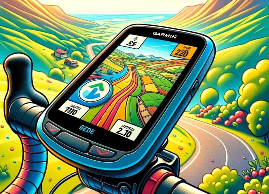 DALL·E 2023 11 22 21.12.27 A cartoon style illustration for a website article about the Garmin Edge Explore 1000 GPS. The image should depict the device mounted on a bicycle han