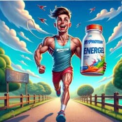 DALL·E 2023 11 23 22.01.20 Una caricatura de una persona corriendo en un paisaje al aire libre llevando consigo un paquete de Myprotein Energel. La persona debe ser un hombre