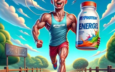 DALL·E 2023 11 23 22.01.20 Una caricatura de una persona corriendo en un paisaje al aire libre llevando consigo un paquete de Myprotein Energel. La persona debe ser un hombre