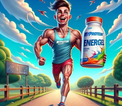 DALL·E 2023 11 23 22.01.20 Una caricatura de una persona corriendo en un paisaje al aire libre llevando consigo un paquete de Myprotein Energel. La persona debe ser un hombre