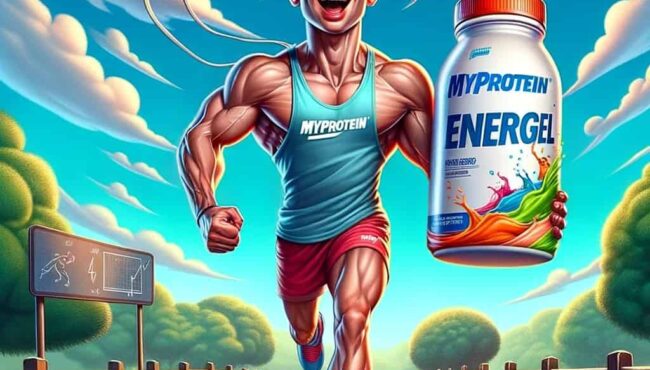 DALL·E 2023 11 23 22.01.20 Una caricatura de una persona corriendo en un paisaje al aire libre llevando consigo un paquete de Myprotein Energel. La persona debe ser un hombre
