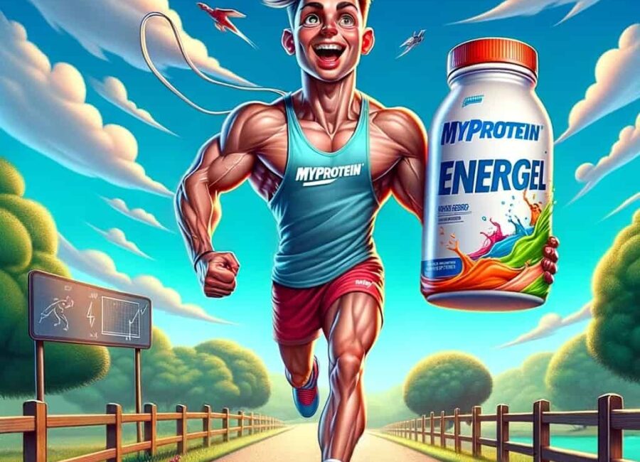 DALL·E 2023 11 23 22.01.20 Una caricatura de una persona corriendo en un paisaje al aire libre llevando consigo un paquete de Myprotein Energel. La persona debe ser un hombre