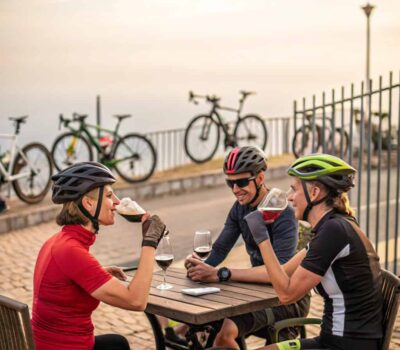 ciclistas bebiendo vino