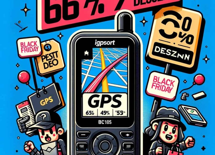 DALL·E 2023 11 23 22.27.27 A cartoon style illustration for an article about Black Friday sales on the IGPSORT BSC100S GPS. The image features a large eye catching 67 Descuen