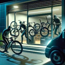DALL·E 2023 11 27 23.04.05 A cartoon style image depicting a daring bicycle heist at night. The scene shows a dimly lit modern bicycle showroom with large glass windows. In the