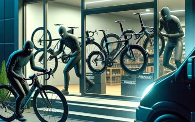 DALL·E 2023 11 27 23.04.05 A cartoon style image depicting a daring bicycle heist at night. The scene shows a dimly lit modern bicycle showroom with large glass windows. In the