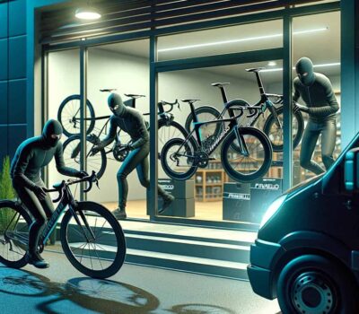 DALL·E 2023 11 27 23.04.05 A cartoon style image depicting a daring bicycle heist at night. The scene shows a dimly lit modern bicycle showroom with large glass windows. In the