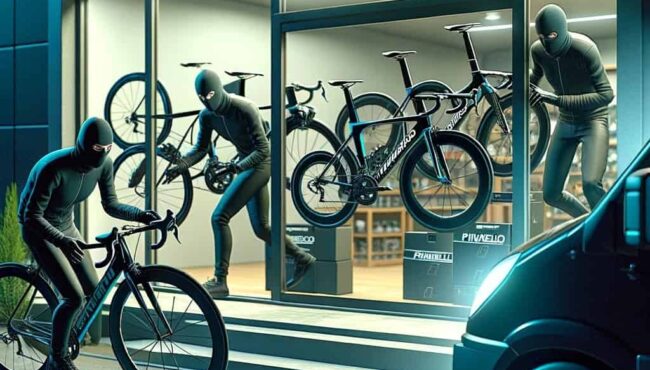 DALL·E 2023 11 27 23.04.05 A cartoon style image depicting a daring bicycle heist at night. The scene shows a dimly lit modern bicycle showroom with large glass windows. In the