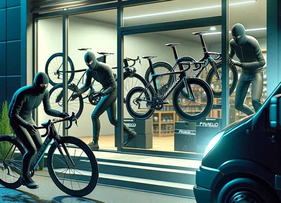 DALL·E 2023 11 27 23.04.05 A cartoon style image depicting a daring bicycle heist at night. The scene shows a dimly lit modern bicycle showroom with large glass windows. In the