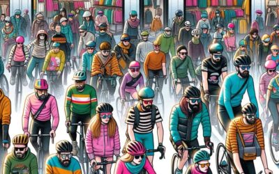 DALL·E 2023 12 02 22.14.27 Una ilustracion estilo caricatura para un articulo sobre el fast fashion en el ciclismo. La imagen muestra una variedad de ciclistas urbanos y de mont