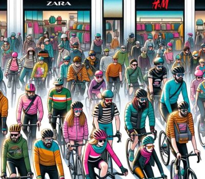DALL·E 2023 12 02 22.14.27 Una ilustracion estilo caricatura para un articulo sobre el fast fashion en el ciclismo. La imagen muestra una variedad de ciclistas urbanos y de mont