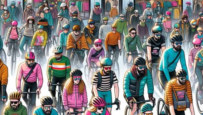 DALL·E 2023 12 02 22.14.27 Una ilustracion estilo caricatura para un articulo sobre el fast fashion en el ciclismo. La imagen muestra una variedad de ciclistas urbanos y de mont