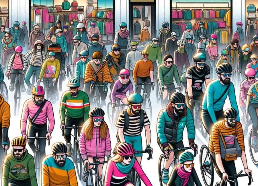 DALL·E 2023 12 02 22.14.27 Una ilustracion estilo caricatura para un articulo sobre el fast fashion en el ciclismo. La imagen muestra una variedad de ciclistas urbanos y de mont
