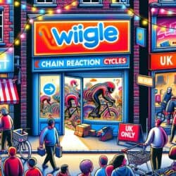 DALL·E 2023 12 03 09.03.19 An eye catching cartoon style image representing the online cycling retail industry in crisis. The scene shows a digital storefront labeled Wiggle Ch
