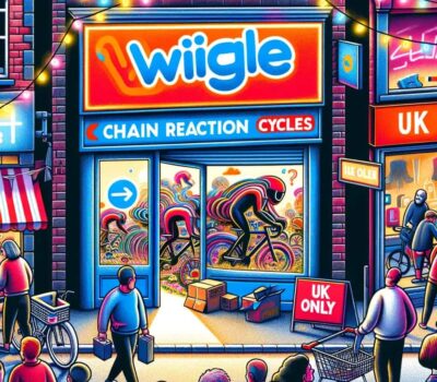 DALL·E 2023 12 03 09.03.19 An eye catching cartoon style image representing the online cycling retail industry in crisis. The scene shows a digital storefront labeled Wiggle Ch