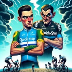DALL·E 2023 12 05 12.35.42 A cartoon style image for an article about tensions in the Quick Step cycling team. The image should feature a dramatic scene with two cyclists one r