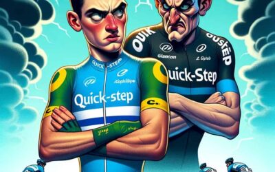 DALL·E 2023 12 05 12.35.42 A cartoon style image for an article about tensions in the Quick Step cycling team. The image should feature a dramatic scene with two cyclists one r