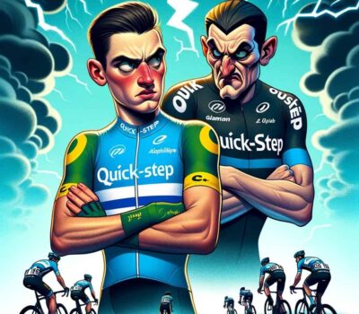 DALL·E 2023 12 05 12.35.42 A cartoon style image for an article about tensions in the Quick Step cycling team. The image should feature a dramatic scene with two cyclists one r