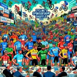 DALL·E 2023 12 05 20.07.27 A colorful cartoon style image depicting the dynamic world of professional cycling team sponsorships in 2024. In the foreground a diverse group of cy