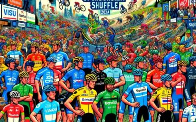 DALL·E 2023 12 05 20.07.27 A colorful cartoon style image depicting the dynamic world of professional cycling team sponsorships in 2024. In the foreground a diverse group of cy