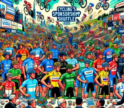 DALL·E 2023 12 05 20.07.27 A colorful cartoon style image depicting the dynamic world of professional cycling team sponsorships in 2024. In the foreground a diverse group of cy