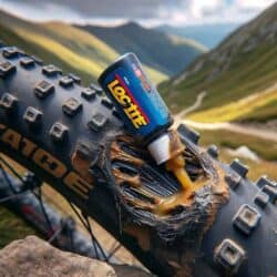 DALL·E 2024 01 06 09.52.27 Una imagen que muestra una parte danada en una cubierta de bicicleta de montana MTB con Loctite aplicado para su reparacion. La imagen debe enfocar