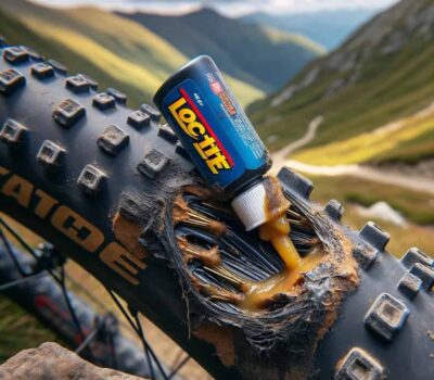 DALL·E 2024 01 06 09.52.27 Una imagen que muestra una parte danada en una cubierta de bicicleta de montana MTB con Loctite aplicado para su reparacion. La imagen debe enfocar