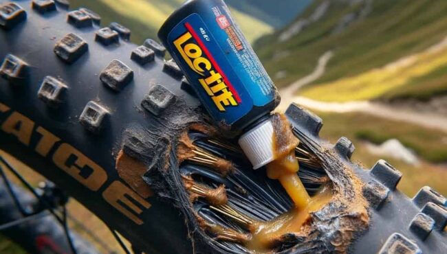 DALL·E 2024 01 06 09.52.27 Una imagen que muestra una parte danada en una cubierta de bicicleta de montana MTB con Loctite aplicado para su reparacion. La imagen debe enfocar