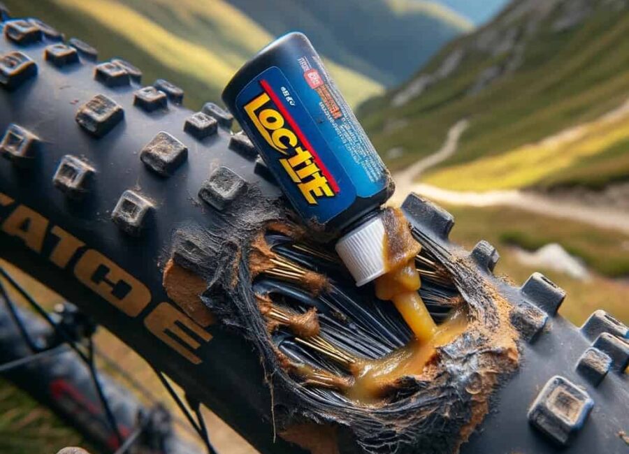 DALL·E 2024 01 06 09.52.27 Una imagen que muestra una parte danada en una cubierta de bicicleta de montana MTB con Loctite aplicado para su reparacion. La imagen debe enfocar