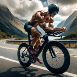 DALL·E 2024 01 08 21.27.33 Una persona practicando ciclismo en una bicicleta de carreras mostrando una musculatura muy desarrollada y tonificada especifica para el ciclismo. La