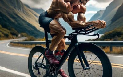DALL·E 2024 01 08 21.27.33 Una persona practicando ciclismo en una bicicleta de carreras mostrando una musculatura muy desarrollada y tonificada especifica para el ciclismo. La
