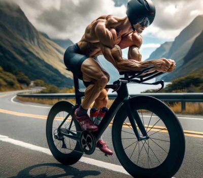 DALL·E 2024 01 08 21.27.33 Una persona practicando ciclismo en una bicicleta de carreras mostrando una musculatura muy desarrollada y tonificada especifica para el ciclismo. La