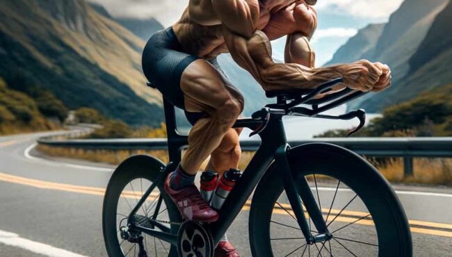 DALL·E 2024 01 08 21.27.33 Una persona practicando ciclismo en una bicicleta de carreras mostrando una musculatura muy desarrollada y tonificada especifica para el ciclismo. La
