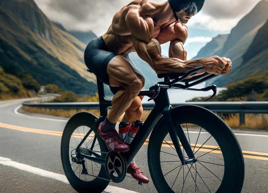 DALL·E 2024 01 08 21.27.33 Una persona practicando ciclismo en una bicicleta de carreras mostrando una musculatura muy desarrollada y tonificada especifica para el ciclismo. La