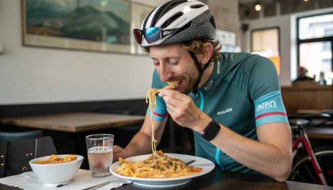 ciclista comiendo pasta