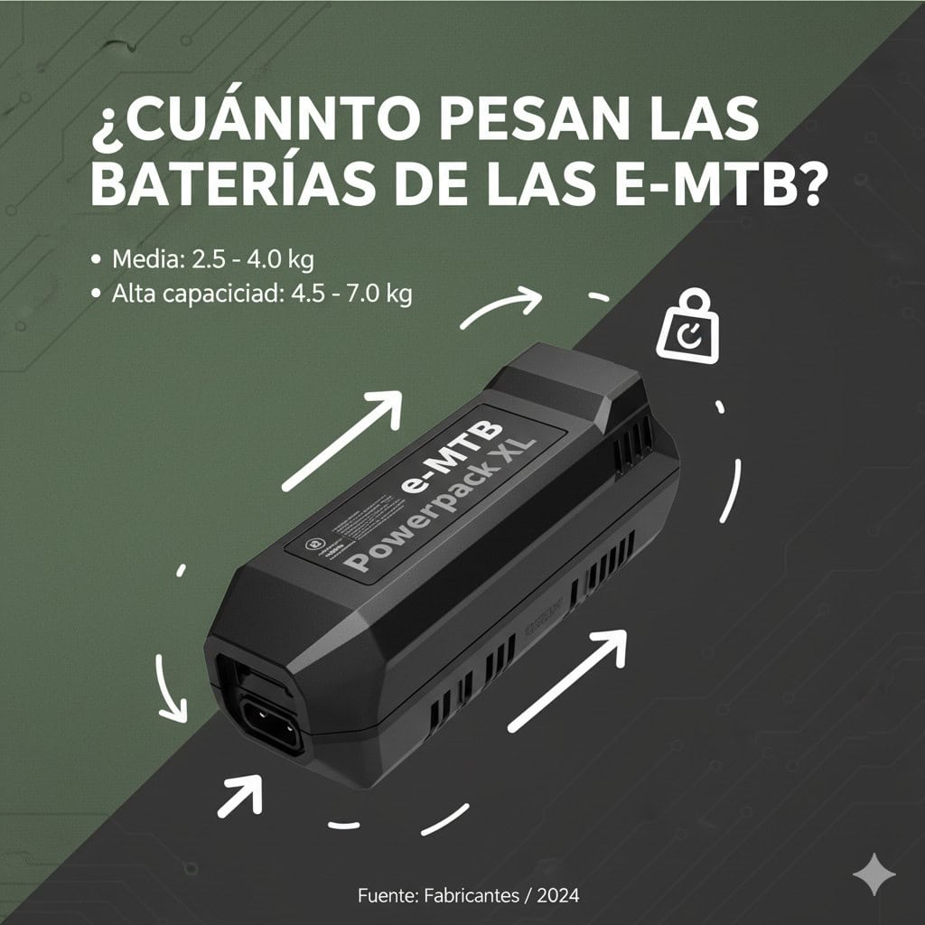 Batería para e-MTB Powerpack XL, peso y capacidad, carga y compatibilidad con bicicletas eléctricas.