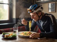 hazme una foto de un ciclista comiendo un plato de