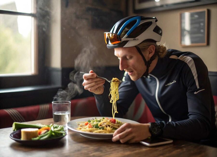 hazme una foto de un ciclista comiendo un plato de