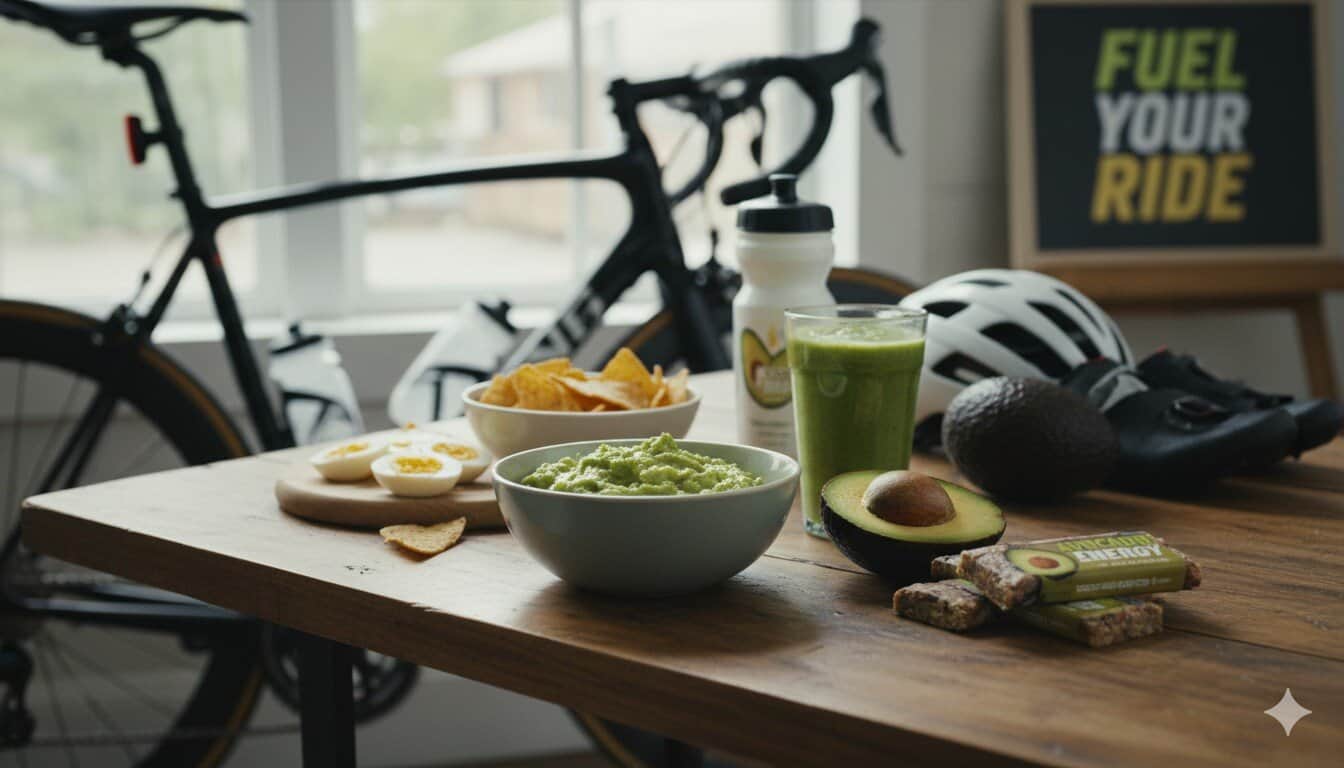 Aguacate partido junto a material de ciclismo, el superalimento del ciclista