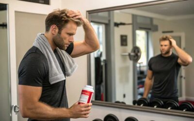 hombre tomando creatina en el gimnasio y revisando
