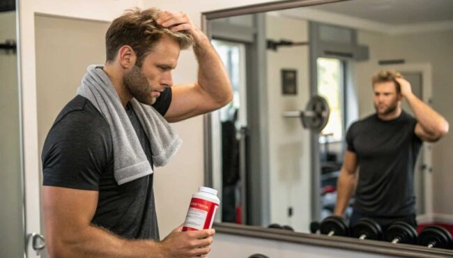 hombre tomando creatina en el gimnasio y revisando
