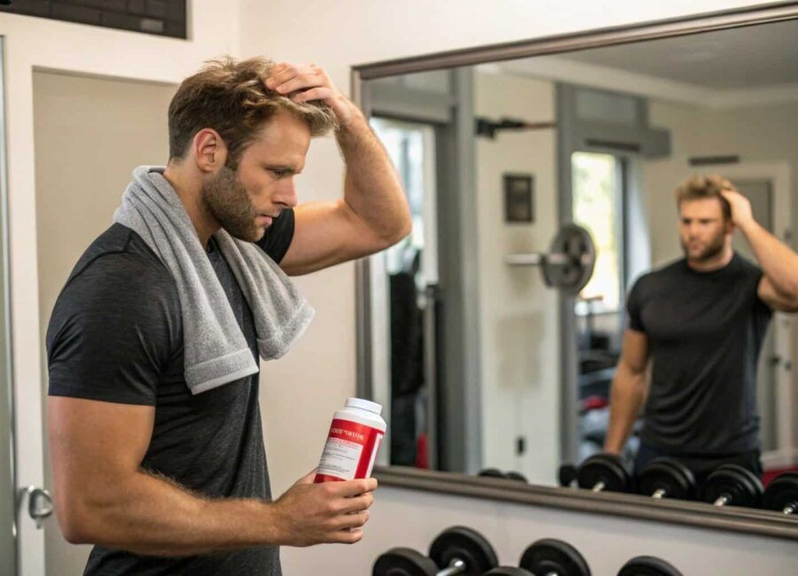 hombre tomando creatina en el gimnasio y revisando