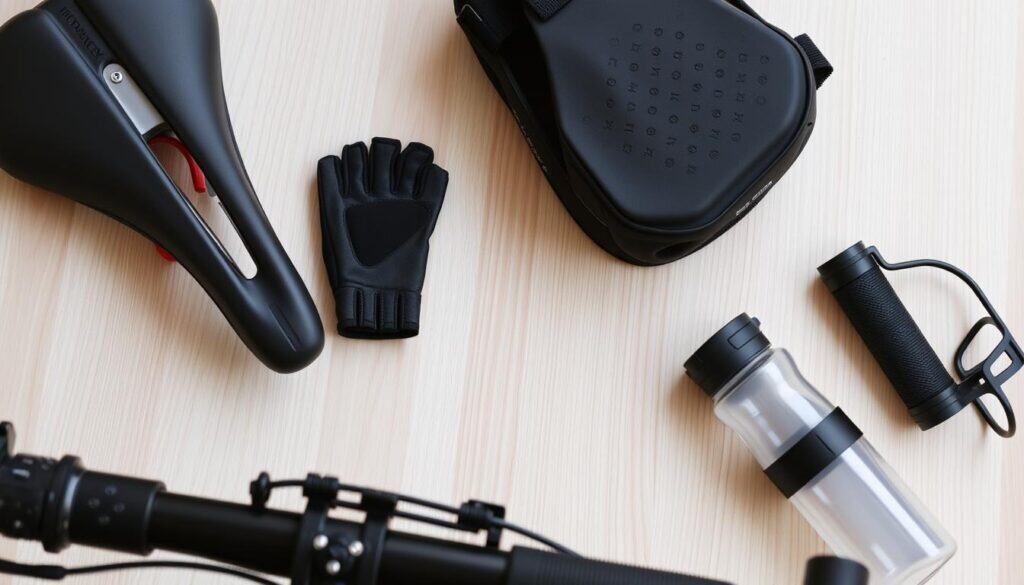 Accesorios de comodidad para bicicleta incluyendo sillín ergonómico y guantes Accesorios de comodidad para bicicleta incluyendo sillín ergonómico y guantes