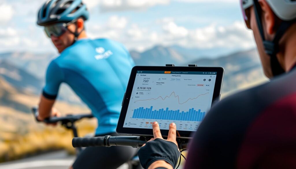 Ciclista analizando datos de entrenamiento en una plataforma de IA en su tablet mientras esta