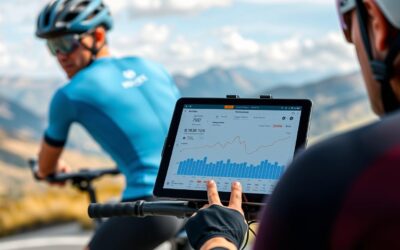 Ciclista analizando datos de entrenamiento en una plataforma de IA en su tablet mientras esta