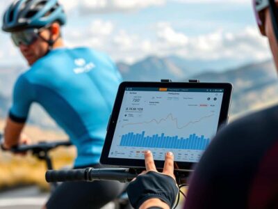 Ciclista analizando datos de entrenamiento en una plataforma de IA en su tablet mientras esta